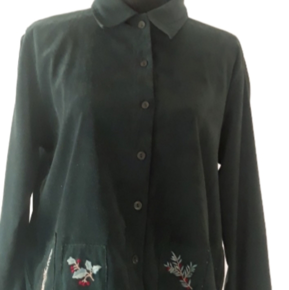 Vtg Christopher & Banks Green Velour Shirt with Holly Pinecone Patches - Large - Picture 7 of 13